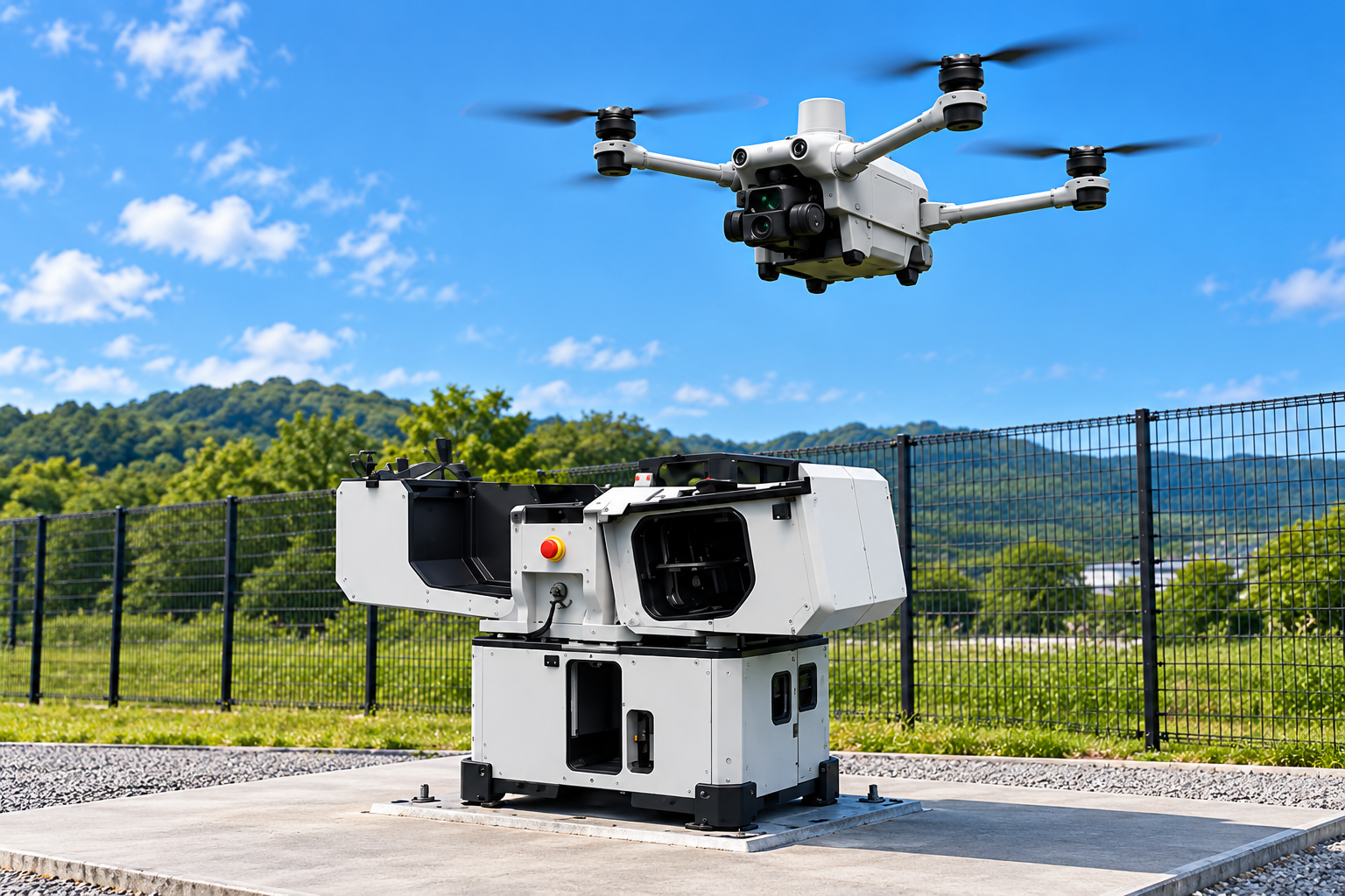地上のDJI Dock 3と、その上空を飛ぶ対応ドローンの生成イメージ